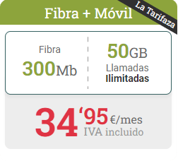Fibra 300Mb + Móvil 50GB + Llamadas ilimitadas por solo 34,95€