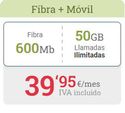 Fibra 600Mb + Móvil 50GB + Llamadas ilimitadas por solo 39,95€
