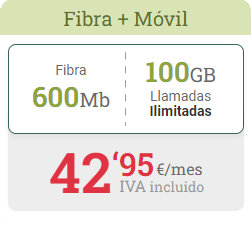 Fibra 600Mb + Móvil 100GB + Llamadas ilimitadas por solo 42,95€