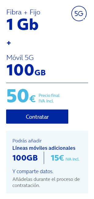 Fijo + Fibra 1Gb + Móvil 5G 100GB por solo 50€