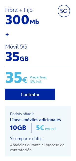 Fijo + Fibra 300Mb + Móvil 5G 35GB por solo 35€