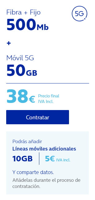 Fijo + Fibra 500Mb + Móvil 5G 50GB por solo 38€