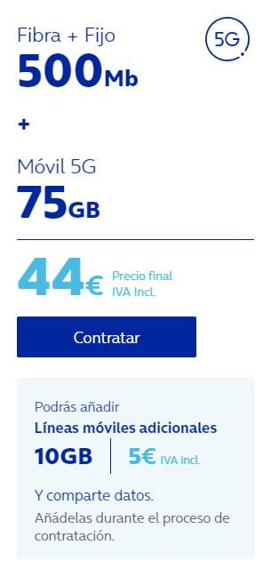 Fijo + Fibra 500Mb + Móvil 5G 75GB por solo 44€